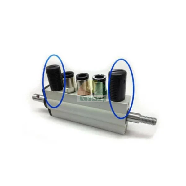 Pneumatic cylinder or valve block with two black exhaust mufflers highlighted in blue circles