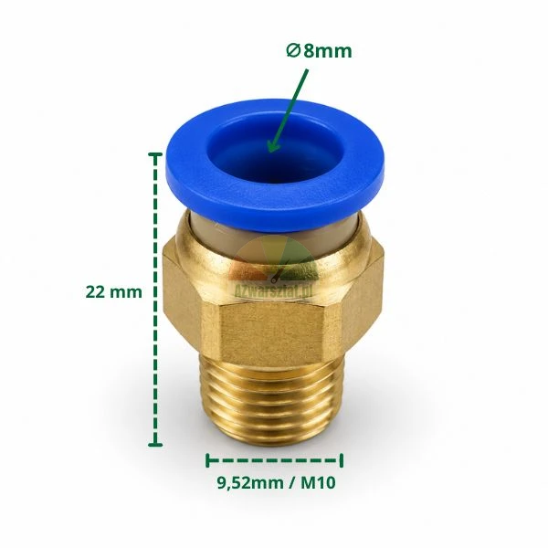 Straight brass push-in pneumatic connector for 8mm tube with M10 thread