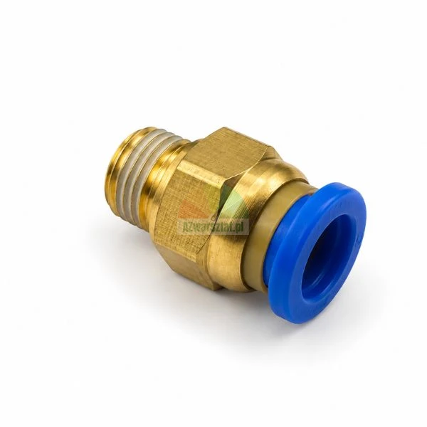 Brass straight male push-in pneumatic fitting with thread sealant and blue release ring on a white background