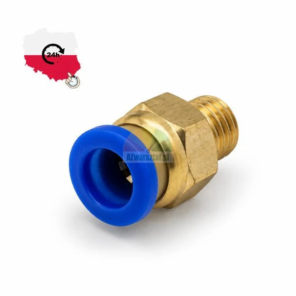 Brass pneumatic push-in fitting with male thread and blue release ring on white background
