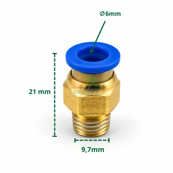 Brass pneumatic push-in fitting for 6mm tube with 9.7mm thread and 21mm height