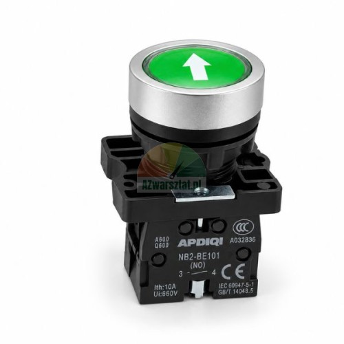 Green hoist control push button with white arrow pointing up, featuring metal bezel and 1 NO contact block