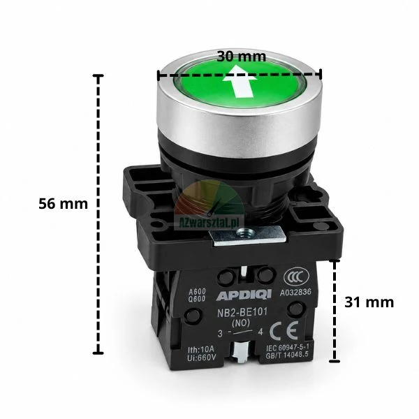 Green lift push button with arrow up 1 x NO and dimensions