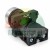 Industrial push button switch with metallic bezel and normally open NO contact block on white background.