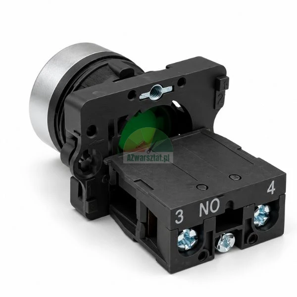 Industrial push button switch with metallic bezel and normally open NO contact block on white background.