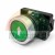 Industrial green push button with white up arrow and metallic bezel on white background