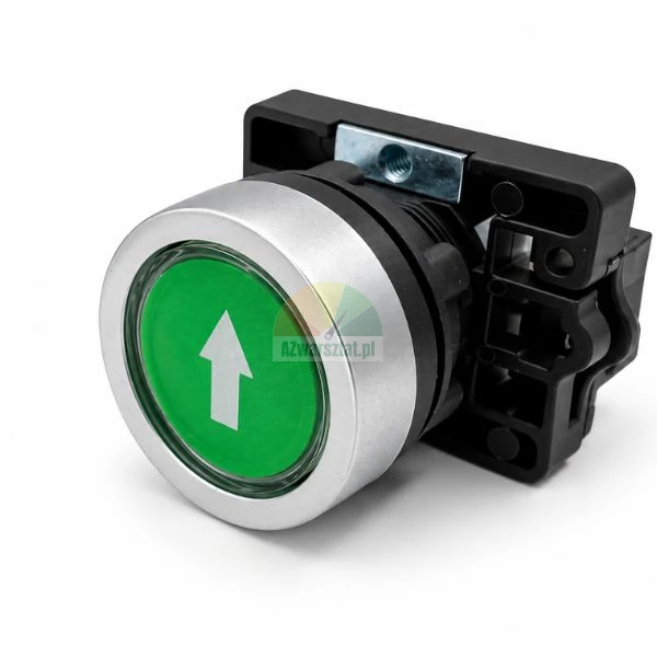 Industrial green push button with white up arrow and metallic bezel on white background