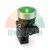 Green push button switch with white up arrow and silver bezel on white background