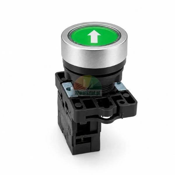 Green push button switch with white up arrow and silver bezel on white background