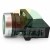 Side view of a green industrial push button switch with white up arrow and metallic bezel.