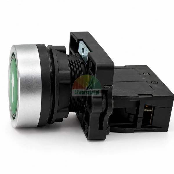 Side view of a green industrial push button switch with white up arrow and metallic bezel.