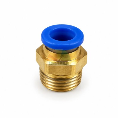 Brass straight pneumatic push-in fitting G16mm / 8mm with a blue release ring on a white background.