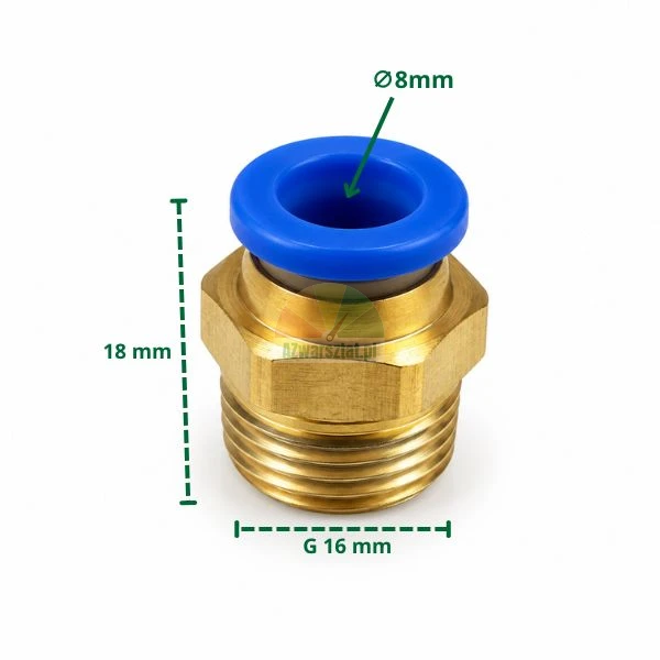 Straight brass pneumatic push-in fitting G 16 mm for 8 mm hose
