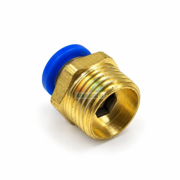 Brass pneumatic push-in fitting with male thread and blue release collar on a white background