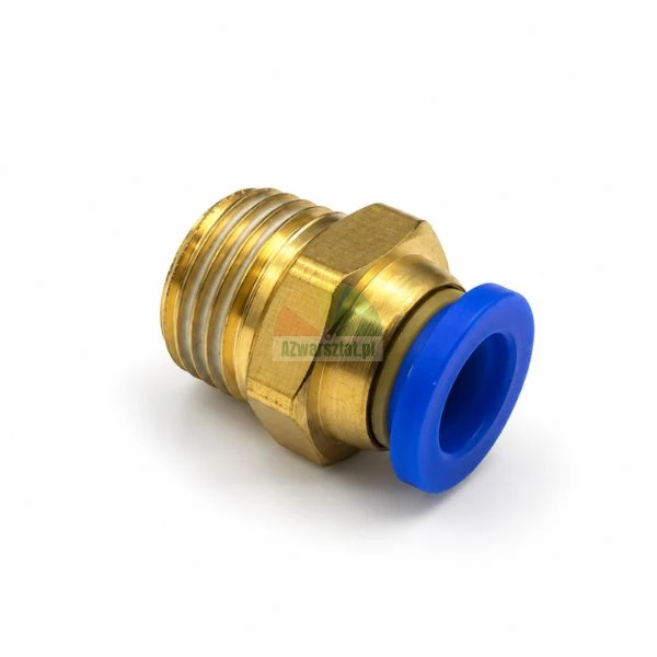 Brass pneumatic straight push-in male fitting connector with blue release ring on a white background.
