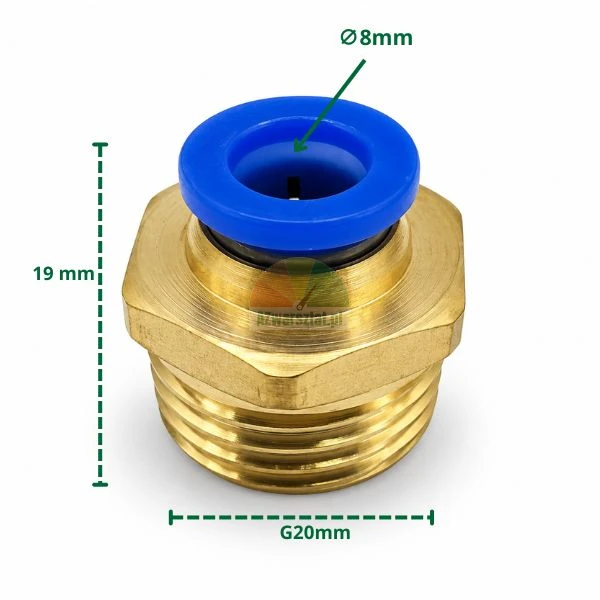 Brass straight pneumatic push-in fitting G20mm to 8mm, height 19mm