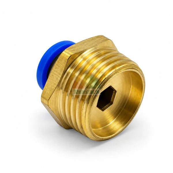 Brass push-in pneumatic fitting with male thread and blue release ring