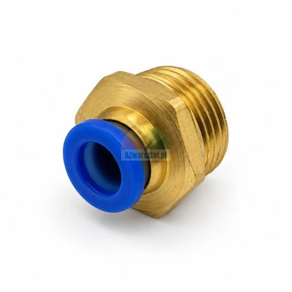 Brass pneumatic push-in fitting connector with blue release ring and male thread on white background