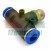 Pneumatic push-in male branch tee fitting with brass thread and blue release rings on white background.