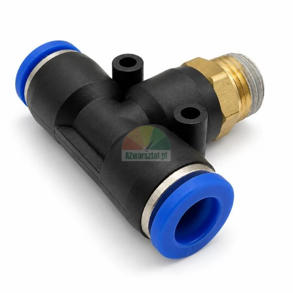 Pneumatic push-in male branch tee fitting with brass thread and blue release rings on white background.