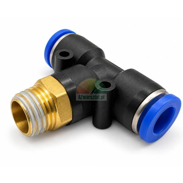 Pneumatic push-in male branch tee fitting with brass thread and blue release rings on a white background