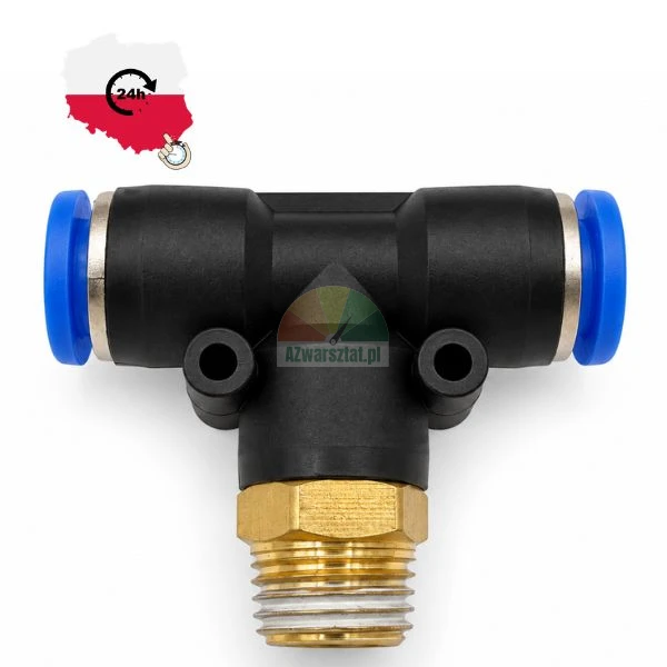 Pneumatic male branch tee push-in fitting with brass thread and quick connector ports