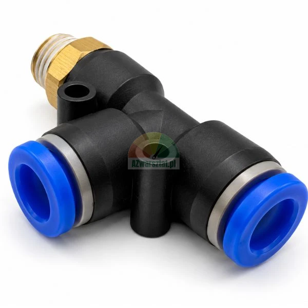 Pneumatic push-in T-fitting with male brass thread and blue release rings