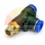Pneumatic male branch tee push-in fitting with brass thread and blue release rings on white background.