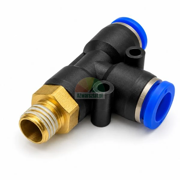 Pneumatic male branch tee push-in fitting with brass thread and blue release rings on white background.