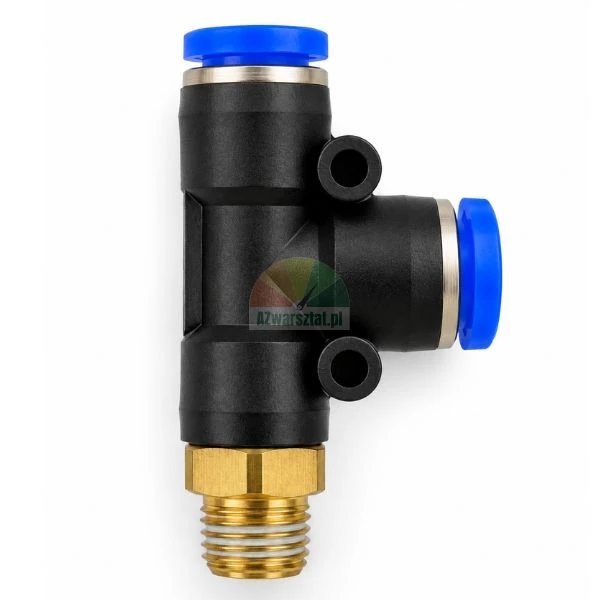 Pneumatic push-in male run tee fitting with brass thread and blue release rings
