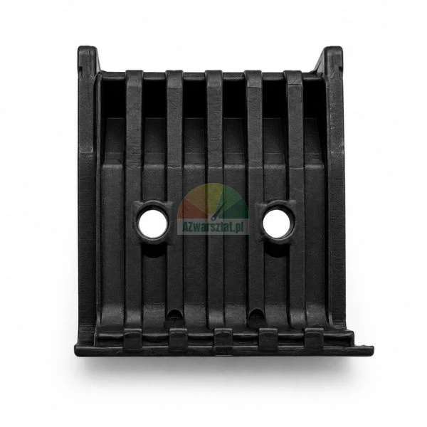 Black plastic industrial component with vertical ribs and two mounting holes on a white background.