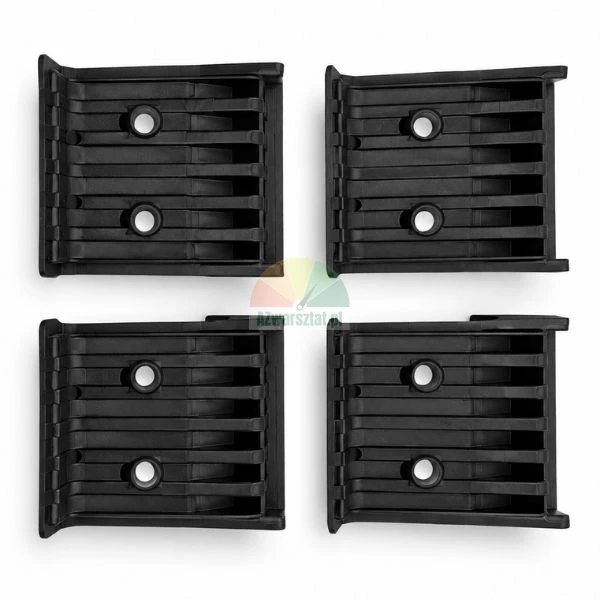 Set of four black plastic mounting brackets with screw holes on a white background