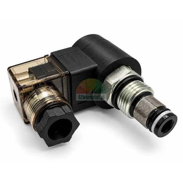 Hydraulic solenoid cartridge valve 24V DC with coil and electrical connector on white background