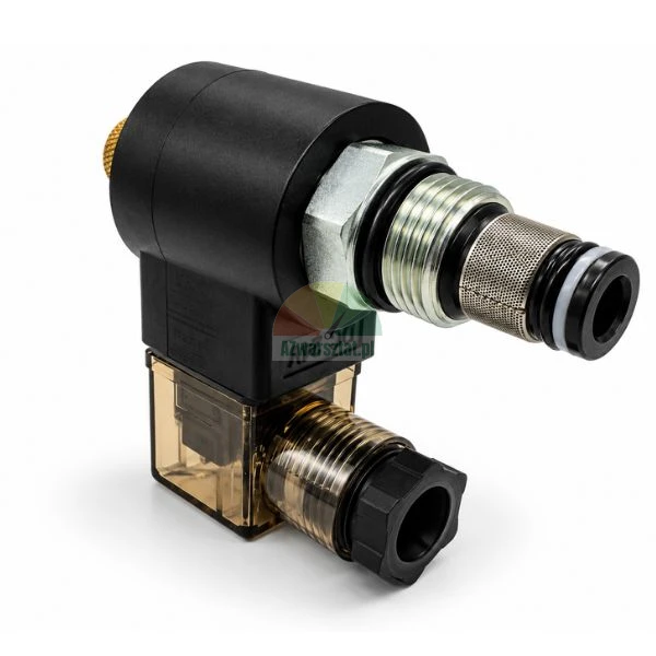 Hydraulic solenoid cartridge valve 24V DC with coil, electrical connector plug and mesh filter on white background