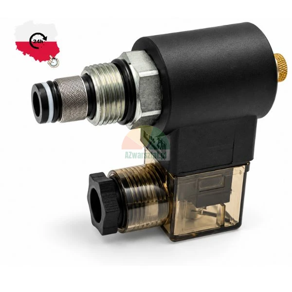 Hydraulic cartridge solenoid valve with black coil and transparent DIN connector on a white background.