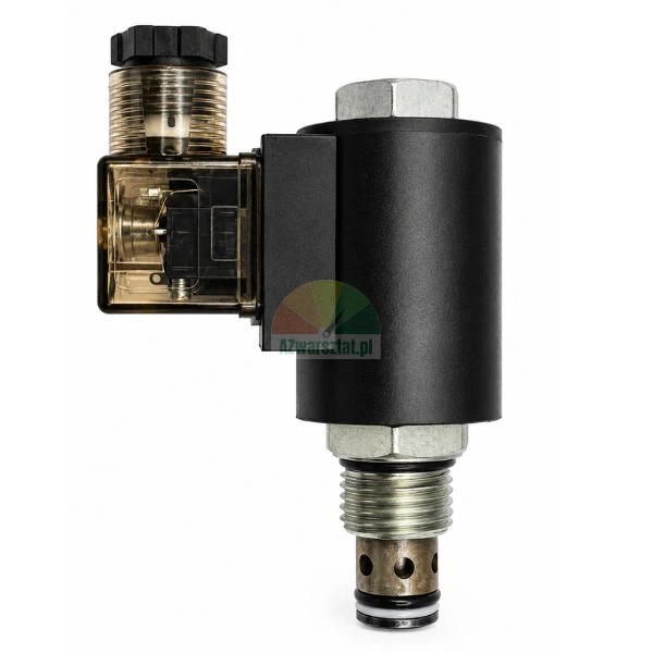 Hydraulic cartridge solenoid valve with black coil and transparent DIN connector on a white background.