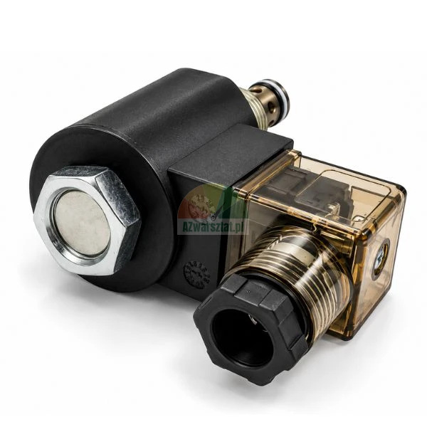Hydraulic solenoid valve with black coil, cartridge valve and transparent DIN connector plug on white background