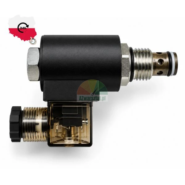 Hydraulic cartridge solenoid valve with coil and transparent DIN connector plug on white background