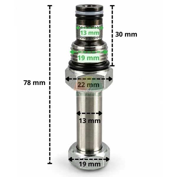 Lowering valve cartridge with 19 mm thread and marked technical dimensions.