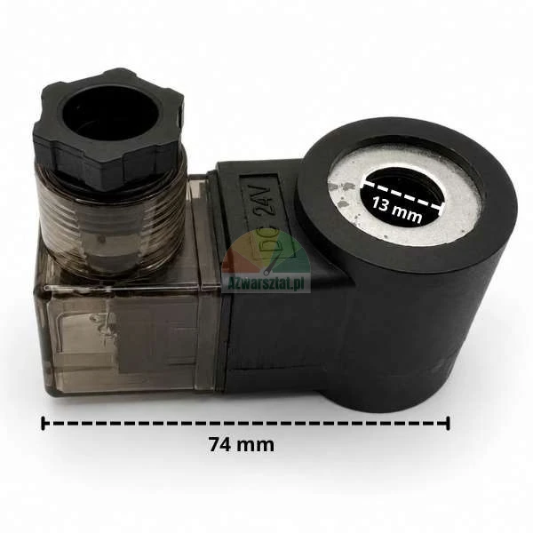 Black DC 24V solenoid valve coil with transparent DIN connector plug, showing dimensions 74 mm length and 13 mm hole diameter on white background.