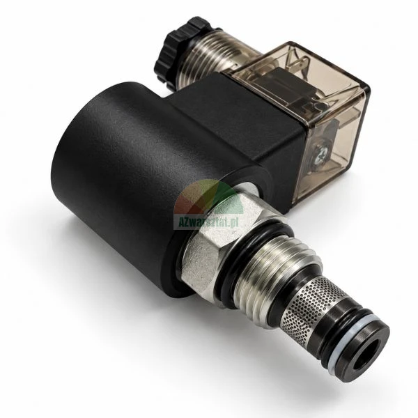 Hydraulic cartridge solenoid valve with black coil and transparent connector on white background