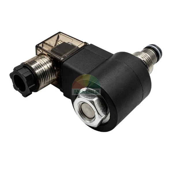 Hydraulic cartridge solenoid valve with coil and electrical connector on a white background