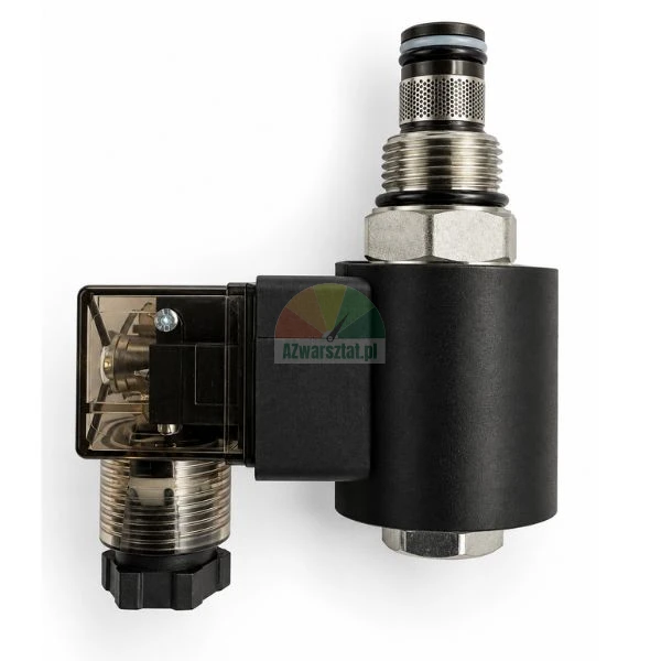 Hydraulic solenoid cartridge valve with black coil and transparent DIN connector on white background