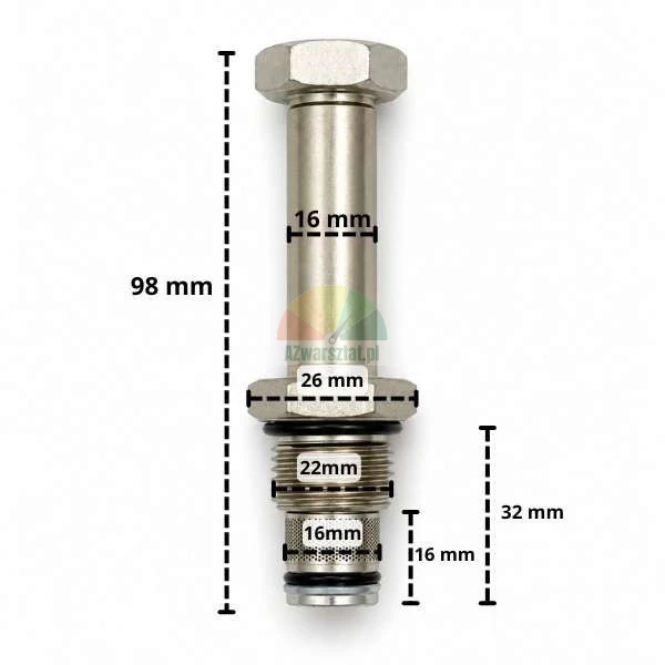 Metal solenoid valve core stem with technical dimensions: total length 98 mm and thread diameter 22 mm
