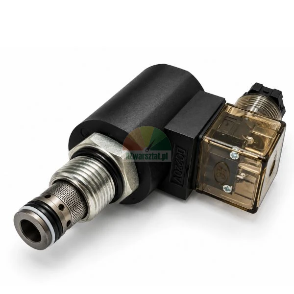 Hydraulic cartridge solenoid valve with black DC 220V coil and transparent electrical connector on a white background.