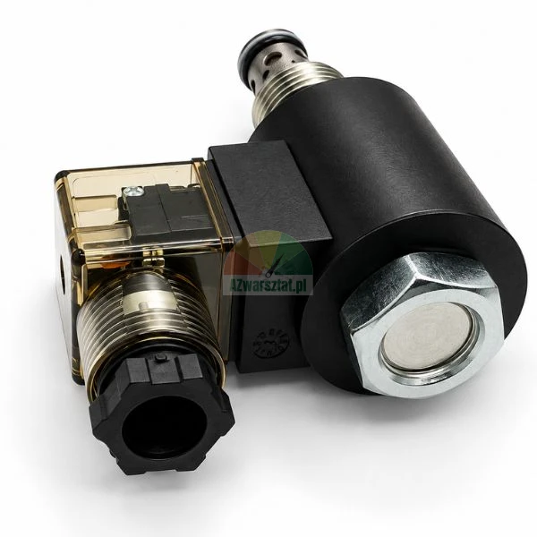 Hydraulic solenoid cartridge valve with electromagnetic coil and connector plug on a white background