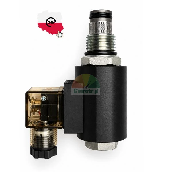 Hydraulic cartridge solenoid valve with black coil and electrical connector on a white background
