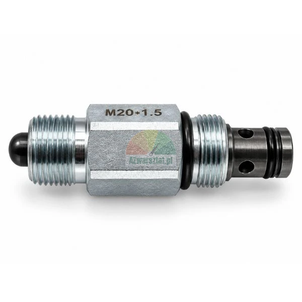 Hydraulic screw-in cartridge valve M20x1.5 with plunger and o-ring seals on white background.