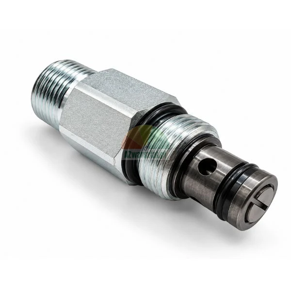 Hydraulic screw-in cartridge valve with external threads and o-ring seals on white background.