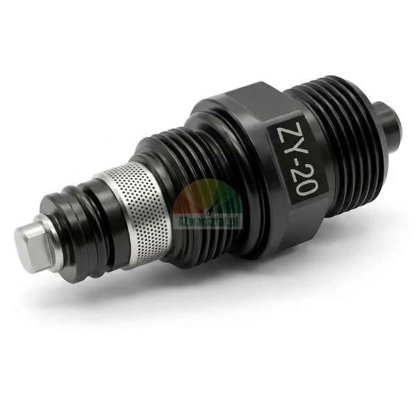 Black ZY-20 hydraulic lift safety check valve 62mm G20mm with mesh filter isolated on white background.